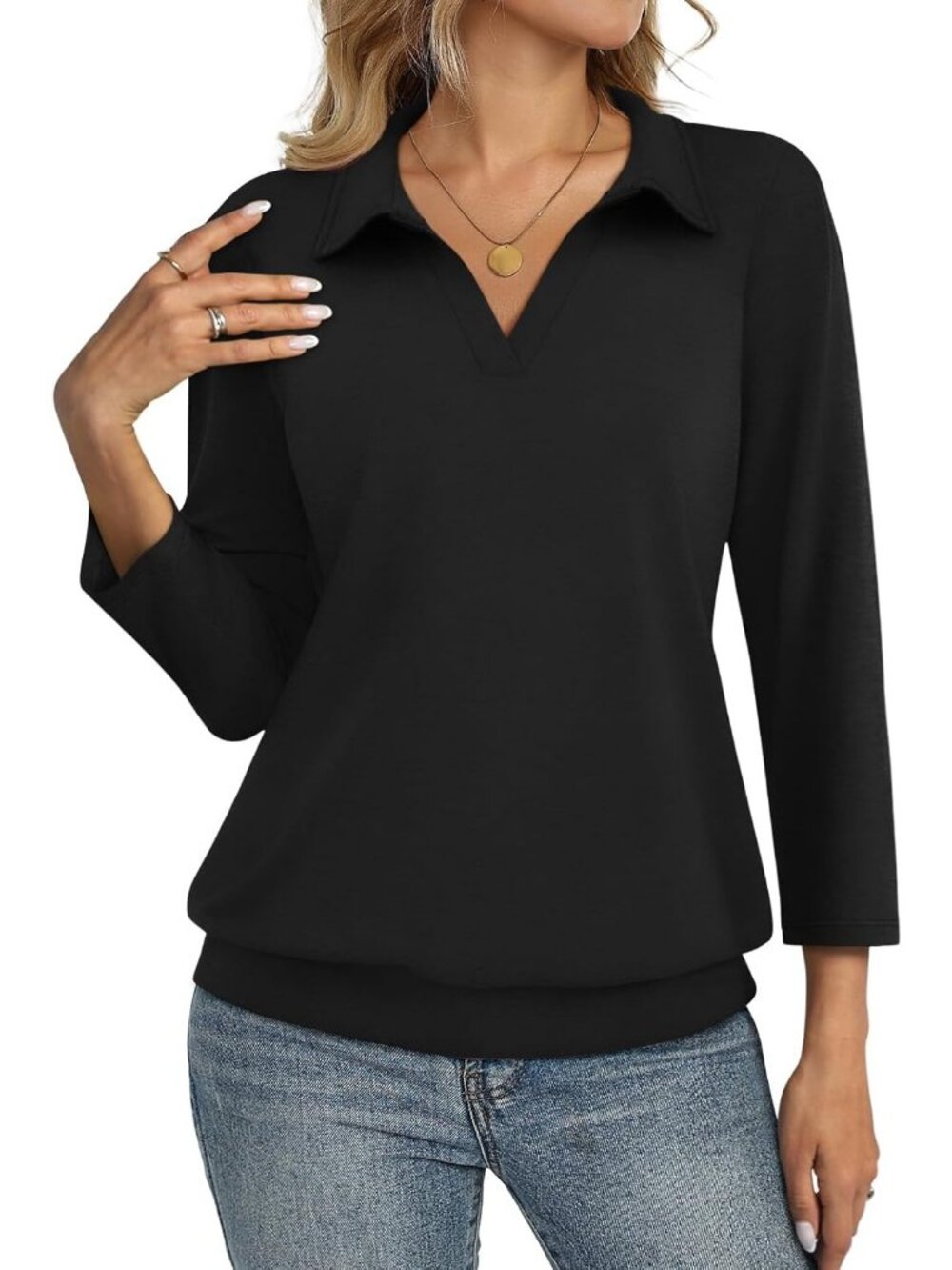 Women's Black V Neck Banded Bottom 3/4 Sleeve Shirts Collared Casual Blouses
